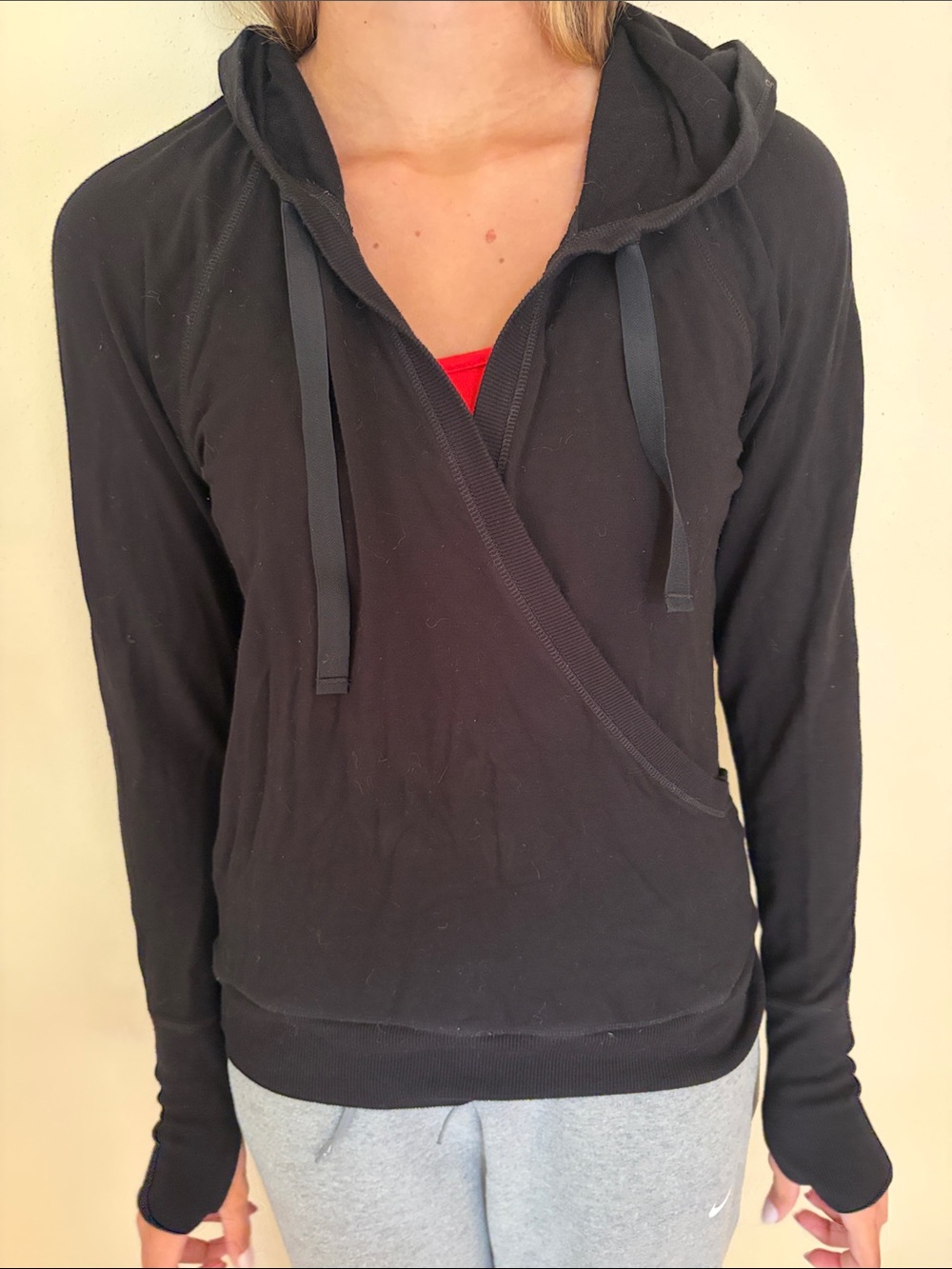 Athleta Black Hooded Wrap Pullover with Red Accent
